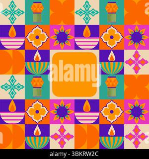 Vibrant Diwali celebration pattern with colorful lanterns, geometric florals, oil lamps, striped bowls and decorative stars in orange, purple, turquoise tiles. Traditional festival design for cards. Stock Vector