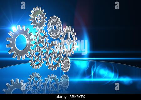 Metallic gears and cogs are floating above mirror floor on sci-fi scene with blue light streaks Stock Photo
