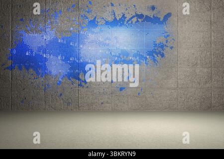 Splash on wall revealing blue world map Stock Photo