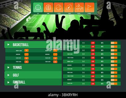 Flat design sports dashboard is overlaying stadium pitch, displaying sport icons and live scores Stock Photo