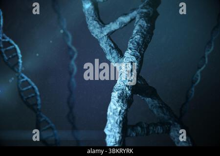 Central stylized DNA helix floating in dark blue 3D molecular visualization, glowing particles Stock Photo