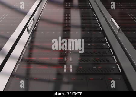 Flat design glass-fronted server rack is being shown in data center, featuring red LED lights Stock Photo