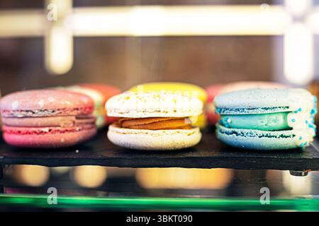 multicolored macaroons on the counter in a coffe shop Stock Photo