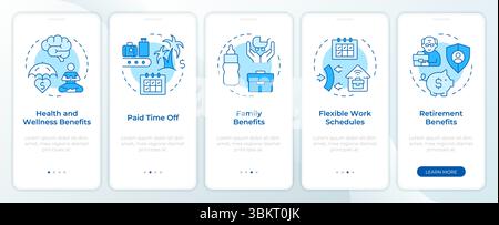 Employment benefits blue onboarding mobile app screen Stock Vector