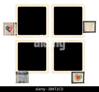Set of retro frame photos with denim patch. Collection of photoframe with jeans labels for scrapbooking. Vintage style decor. Isolated on white. Retro Stock Photo