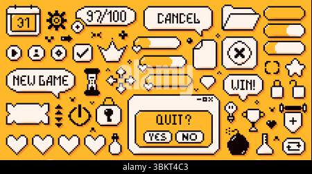A large set of pixel game art 8 bit icons drawn in a yellow and white color scheme. Speech bubbles, hearts, crown and many other elements. Stock Vector