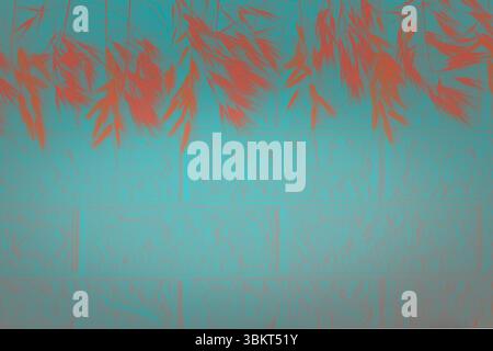 Artistic digital inversion with red leaves and cyan brick wall. Surreal color background ideal for creative projects and bold designs. Stock Photo