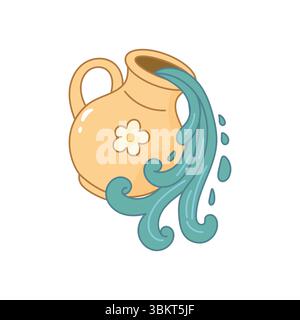 Aquarius zodiac illustration with a cartoon jug pouring flowing water in a whimsical pastel design. Stock Vector