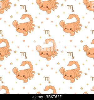 Repeating pattern of Scorpio zodiac sign with smiling cartoon scorpion, stars, hearts and soft colors. Stock Vector