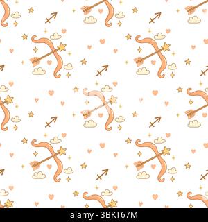 Seamless Sagittarius zodiac pattern with cartoon bow, arrow, stars, hearts and clouds in pastel colors. Stock Vector