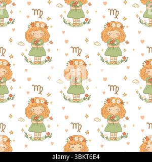 Seamless Virgo zodiac pattern showing a cartoon girl with flower crown and bouquet in a soft pastel palette. Stock Vector
