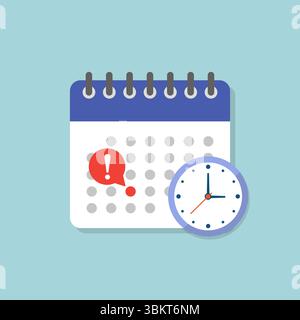 Calendar icon with clock, checkmark, exclamation sign, calendar icon flat design. Event calendar reminder, business meeting schedule, appointment. Stock Vector
