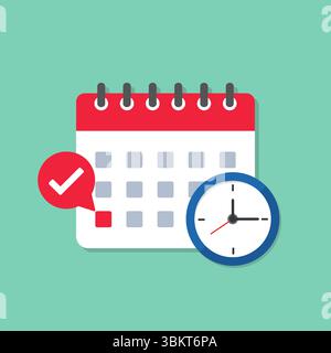 Calendar icon with clock, checkmark, exclamation sign, calendar icon flat design. Event calendar reminder, business meeting schedule, appointment. Stock Vector