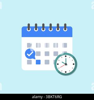 Calendar icon with clock, checkmark, exclamation sign, calendar icon flat design. Event calendar reminder, business meeting schedule, appointment. Stock Vector