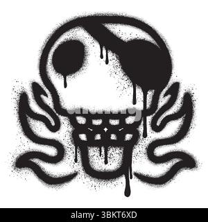 graffiti skull with burning flames with black spray paint on a white background Stock Vector