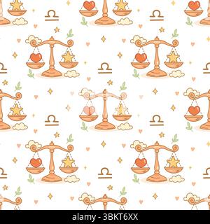Seamless Libra zodiac pattern with cute balance scale, heart, star, clouds, and sparkles in soft pastel tones. Stock Vector