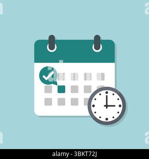 Calendar icon with clock, checkmark, exclamation sign, calendar icon flat design. Event calendar reminder, business meeting schedule, appointment. Stock Vector
