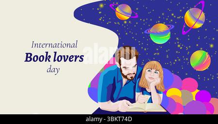 Father and daughter reading book. Magical starry sky with colorful planets. International Book Lovers Day. Horizontal template. Vector illustration. Stock Vector