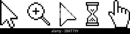 Pixel click cursor icon set, different computer cursors, hand click, hourglass, magnifier, zoom in and out, moving, waiting, working, press symbol Stock Vector