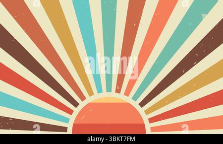 Retro wavy sun rays sunburst sunshine radial swirl vintage grunge background. Radial spiral stripes 70s abstract vector texture pattern. Stock Vector