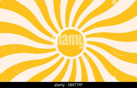 Retro sun rays sunburst abstract yellow background vintage wavy swirl sunrise grunge rough texture pattern radial spiral stripes groovy sunshine beam Stock Vector