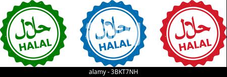 Halal food logo grunge effect stamp, red, blue, and green halal vector badge label icon. Halal food certified stamp, good food product sign Stock Vector