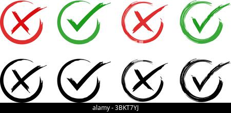 check mark, cross, x mark icon set in green, red, and black colors, Hand drawn right and wrong vector sign in circle brush stroke outline shape Stock Vector