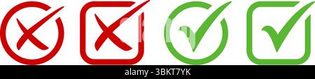 Green check mark, red cross, x mark icon set, hand drawn right and wrong vector sign in circle and square outline shape. tick mark symbol and x cross Stock Vector