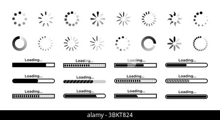 Loading icon, cursor hand click, wifi sign, buffer loader, progress bar vector set. Circle load status bar symbol, horizontal speed indicator Stock Vector