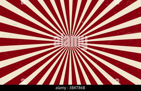 Retro sunburst sun rays, dark red creamy yellow abstract background vintage sunrise grunge rough texture pattern radial spiral stripes swirl beams. Stock Vector