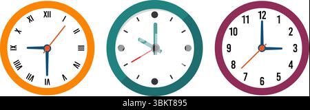 Clock flat icon vector illustration. Wall clock faces, timer clock, watch faces designs for web, app, and creative projects, office clock. Stock Vector