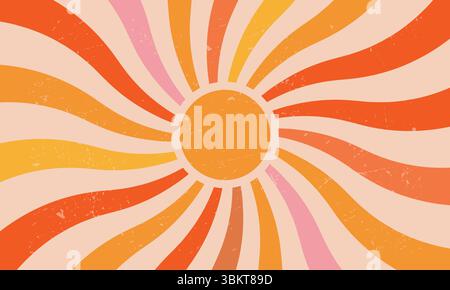 Retro wavy radial swirl rays abstract sun background, vintage vector sunshine texture 70s abstract pattern summer poster concentric stripes of beams Stock Vector