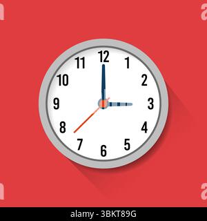Clock wall face icon with long shadow vector illustration. Clock icon design in flat style, watch sign, timer isolated symbol, office watch clipart Stock Vector