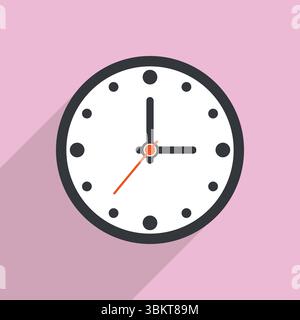 Clock icon, wall clock face clip art with long shadow. Clock icon design in flat style, watch sign, timer isolated symbol, office watch business icon Stock Vector