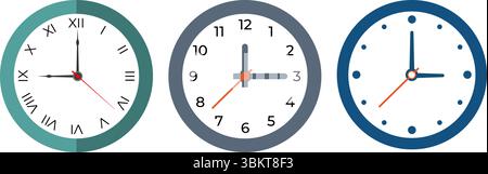Clock flat icon vector illustration. Wall clock faces, timer clock, watch faces designs for web, app, and creative projects. Stock Vector