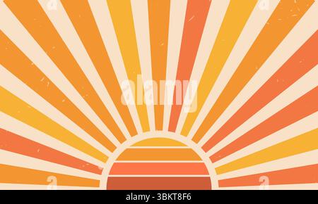 Vintage sun rays sunshine sunburst radial swirl retro grunge background. Trendy bright colours, radial spiral stripes of beam 70s texture pattern Stock Vector