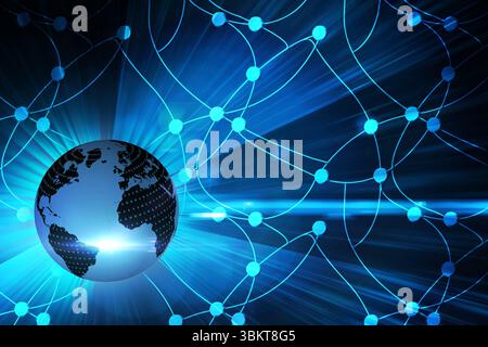 Flat design globe is glowing with binary code while network nodes are linking over blue backdrop Stock Photo