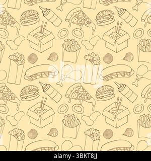 Doodle fast food seamless pattern. Junk meals background. Stock Vector