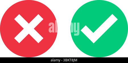Green check mark, red cross, x mark icon, set of flat, rounded right and wrong vector sign concept. tick mark symbol and x cross icon in circle shape Stock Vector