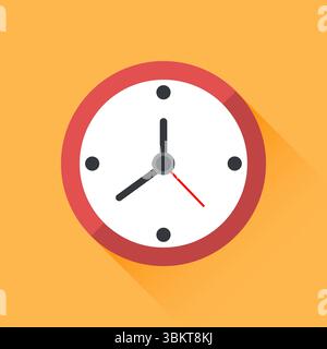 Clock wall face icon with long shadow vector illustration. Clock icon design in flat style, watch sign, timer isolated symbol, office watch clip art Stock Vector