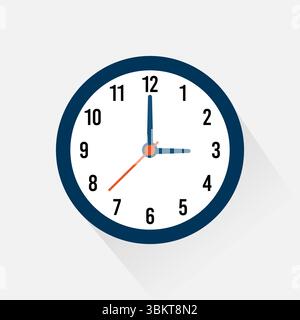 Clock icon, wall clock face design in flat style with shadow, watch sign, timer isolated symbol, office watch clip art, business icon for web, and app Stock Vector