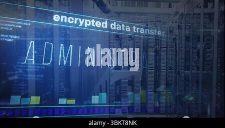 Showing tall server racks in data center with encrypted data transfer overlay and bar chart Stock Photo