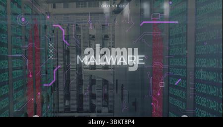 Displaying MALWARE text floating in data center aisle, with server racks blinking LEDs and overlays Stock Photo