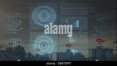 Displaying translucent HUD showing circle targets data panels red Wi-Fi icons on skyline at dusk Stock Photo