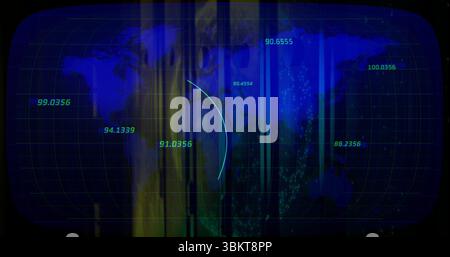 Displaying world map interface on computer screen, with grid, numeric readouts, bars, blue arc Stock Photo