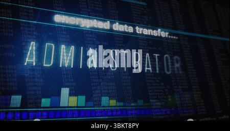 Displaying ADMINISTRATOR overlay on monitor, showing data transfer status, bar charts, code logs Stock Photo
