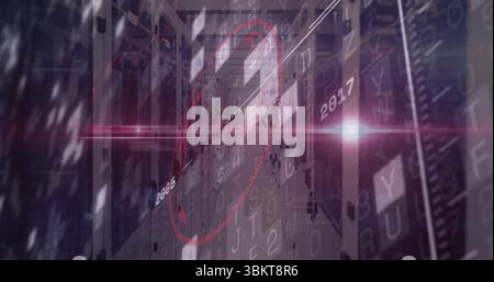 Displaying red circular hologram hovering over server rack aisle in data center, with floating data Stock Photo