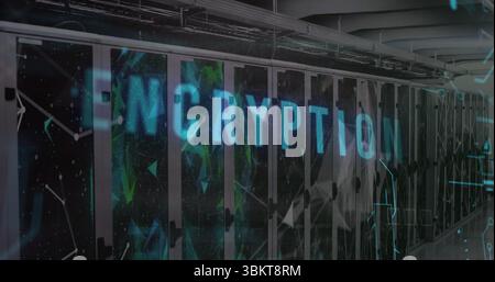 Displaying server racks glowing with LED lights, holographic encryption overlay inside data center Stock Photo