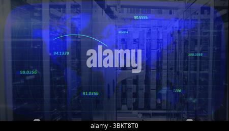 Semi-transparent blue overlay projecting world map and data in data center aisle, with server racks Stock Photo