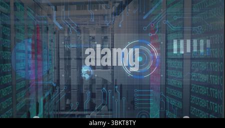 Displaying server rack bank projecting holographic HUD overlay in server room, with patch cables Stock Photo